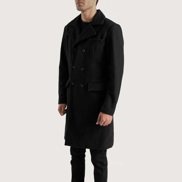 Mens Claud Black Wool Double Breasted Coat Side Pose-3-1700233331687